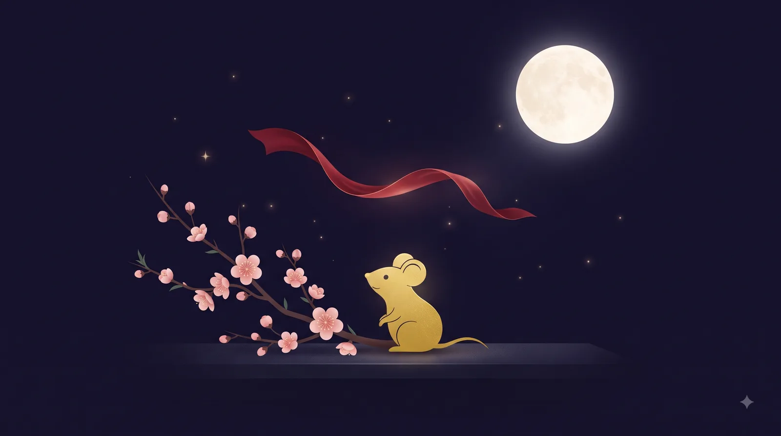 Chuột vàng nhỏ nhắn ngồi cạnh nhành hoa đào dưới ánh trăng, dải lụa đỏ bay nhẹ, biểu tượng tình duyên ấm áp của tuổi Canh Tý Nam Mạng