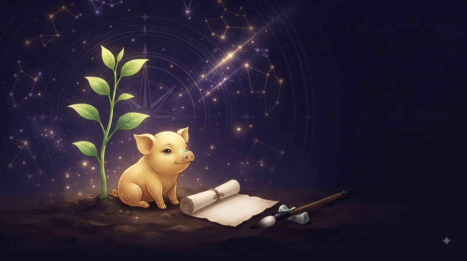Heo vàng nhỏ nhắn ngồi cạnh cây non và cuộn thư trên đất bằng, biểu tượng sự nghiệp bền bỉ, tỉ mỉ của tuổi Kỷ Hợi Nam Mạng