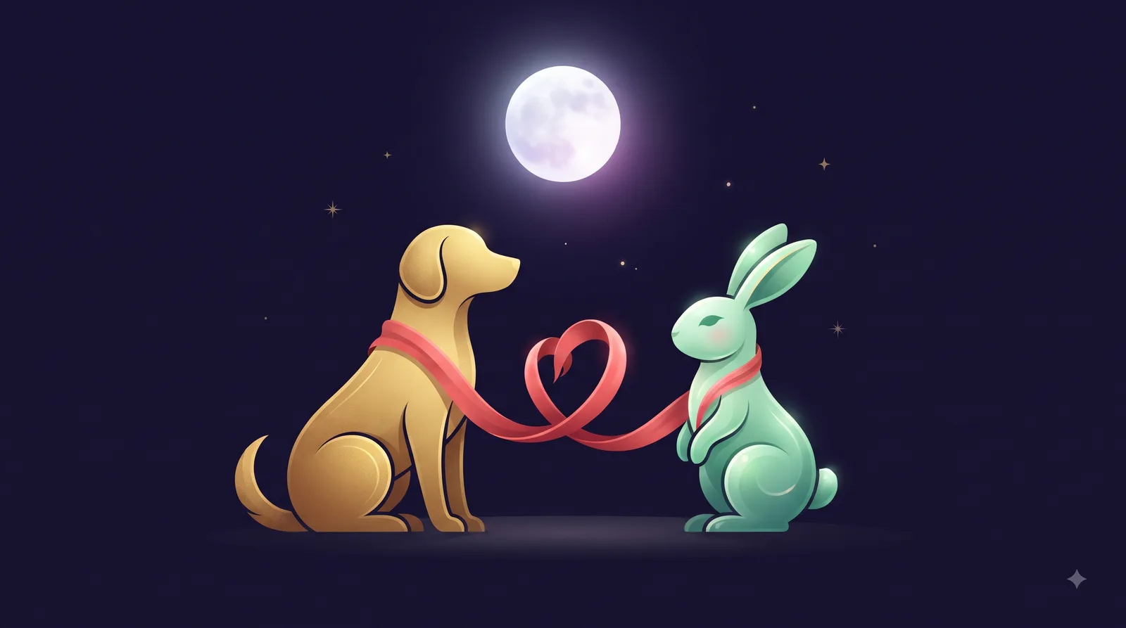 Chó vàng và Thỏ ngọc đứng gần nhau dưới ánh trăng cùng dải lụa đỏ, tượng trưng lục hợp Tuất - Mão trong tình duyên tuổi Bính Tuất Nam Mạng