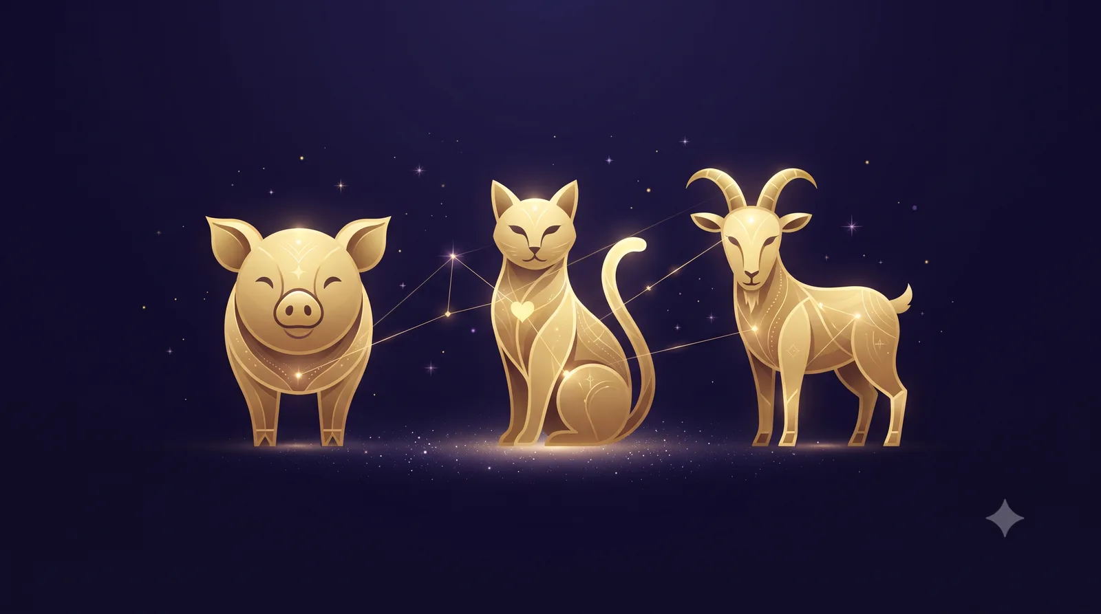 Ba linh vật Heo, Mèo và Dê cách điệu mạ vàng đứng cạnh nhau trên nền trời sao tối giản tượng trưng tam hợp Hợi Mão Mùi trong tử vi