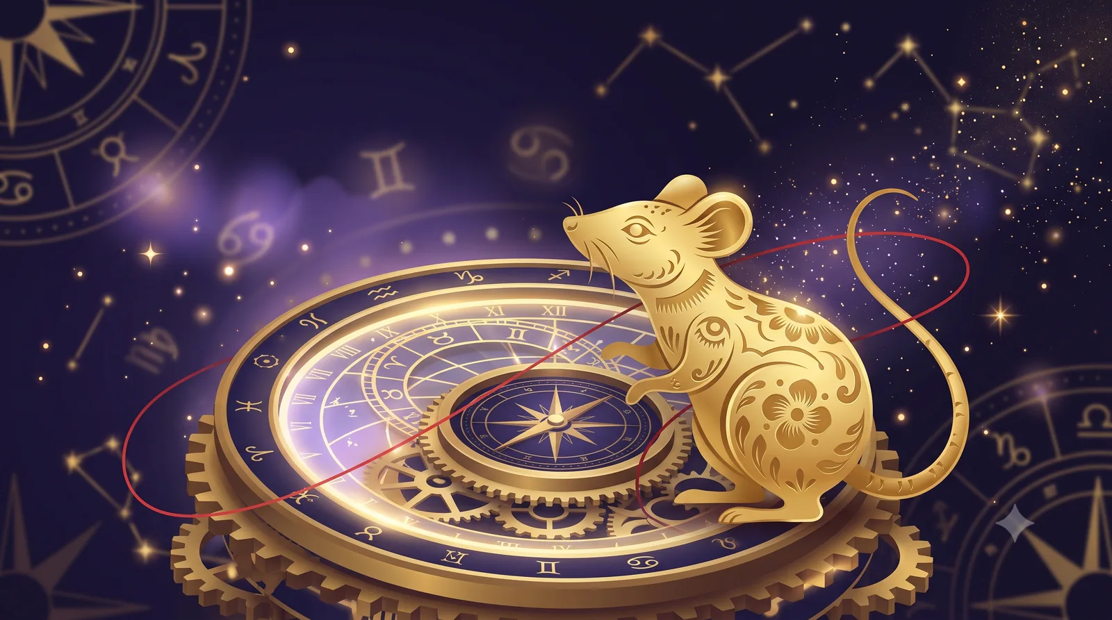 Linh vật Chuột mạ vàng đứng bên la bàn thời gian cổ và đồng hồ thiên văn phát sáng, tượng trưng vận trình tuổi Tý năm 2027