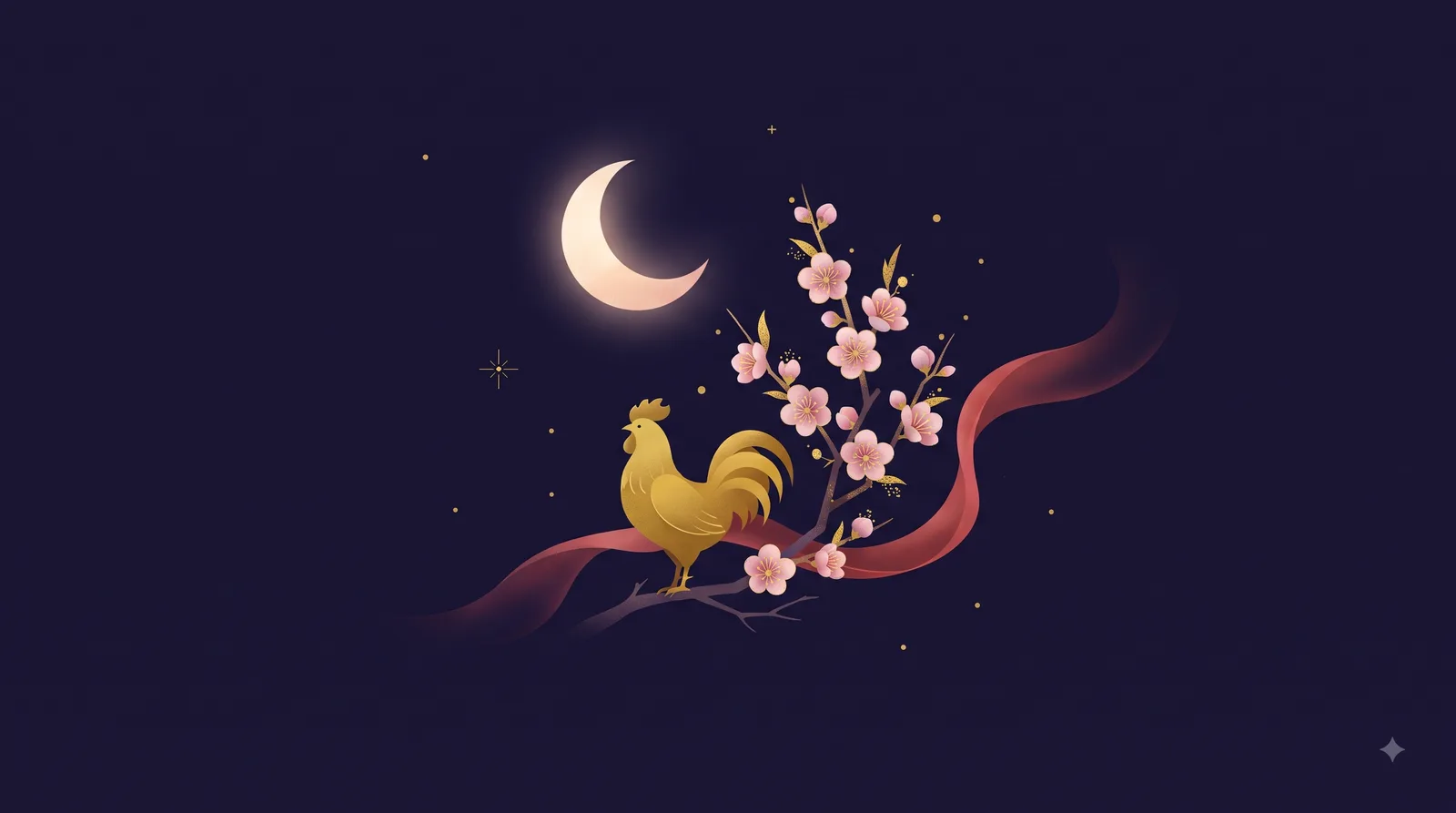 Gà trống vàng nhỏ nhắn đứng cạnh nhành hoa đào hồng dưới ánh trăng dịu nhẹ, dải lụa đỏ bay nhẹ, biểu tượng tình duyên ấm áp của tuổi Đinh Dậu Nam Mạng
