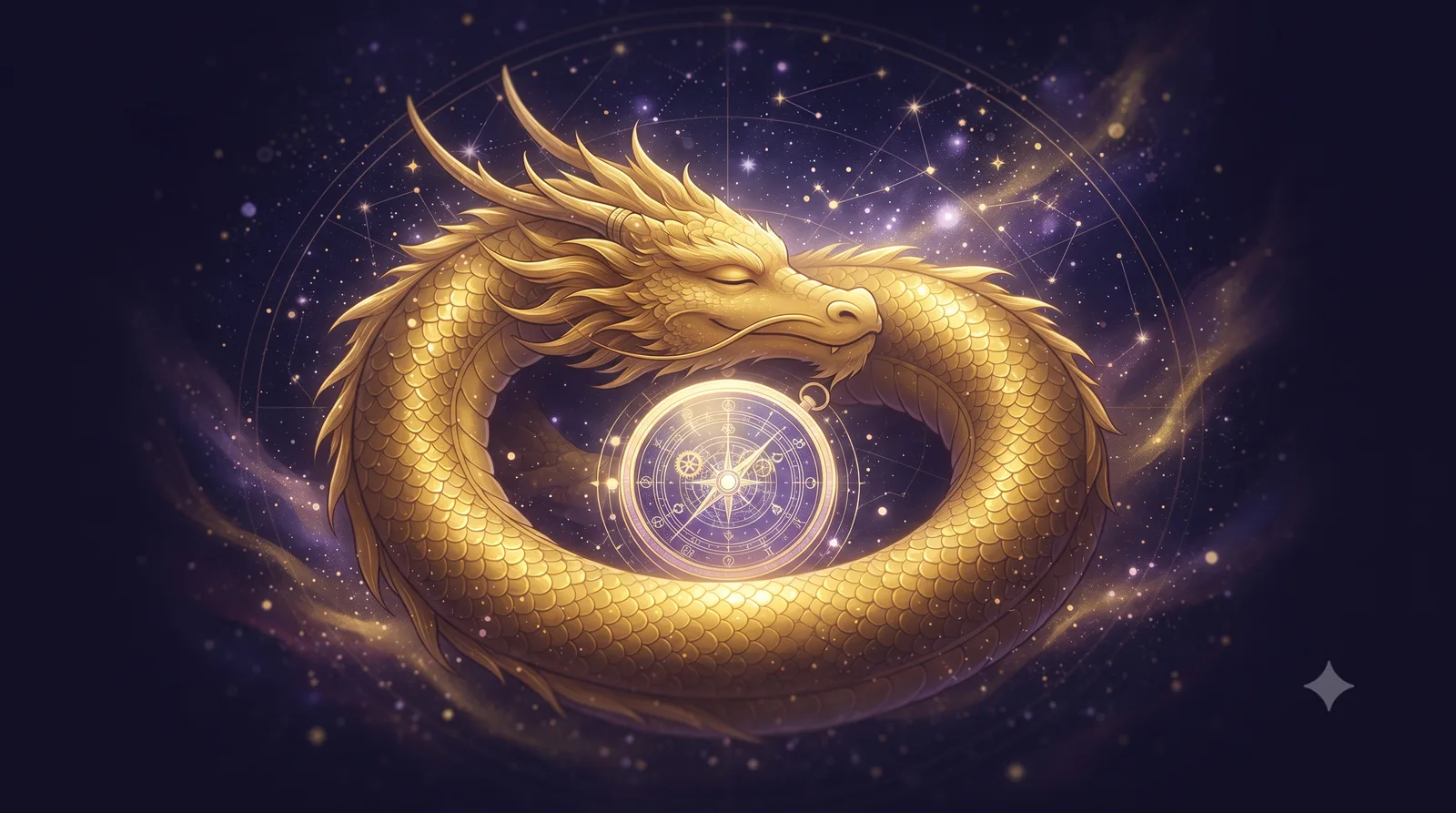 Linh vật Rồng vàng cuộn mình an nhiên dưới bầu trời sao tĩnh lặng bên la bàn thời gian, tượng trưng vận trình ổn định của tuổi Thìn năm 2027