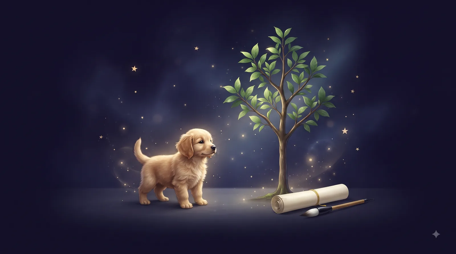 Chó vàng nhỏ nhắn đứng cạnh cây non vươn lên trên đất bằng, cuộn thư và bút lông bên cạnh, biểu tượng sự nghiệp bền bỉ của tuổi Mậu Tuất Nữ Mạng