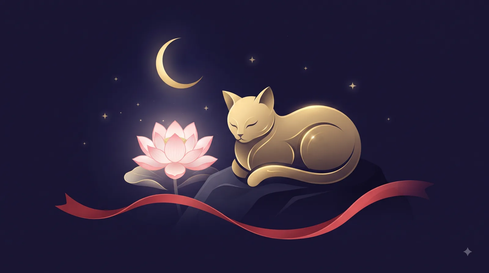 Mèo vàng cách điệu cuộn mình bên đóa hoa sen hồng dưới ánh trăng lưỡi liềm, dải lụa đỏ mềm mại phía trước, biểu tượng tình duyên của tuổi Tân Mão Nữ Mạng
