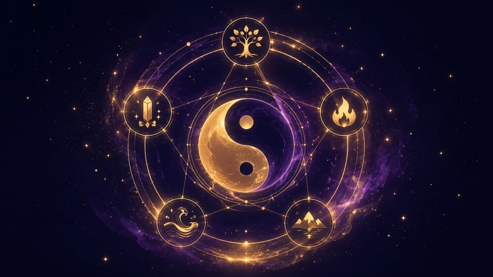 Biểu tượng âm dương lồng trong vòng tròn ngũ hành Kim Mộc Thủy Hỏa Thổ, nguyên lý nền tảng của Tử Vi Đẩu Số