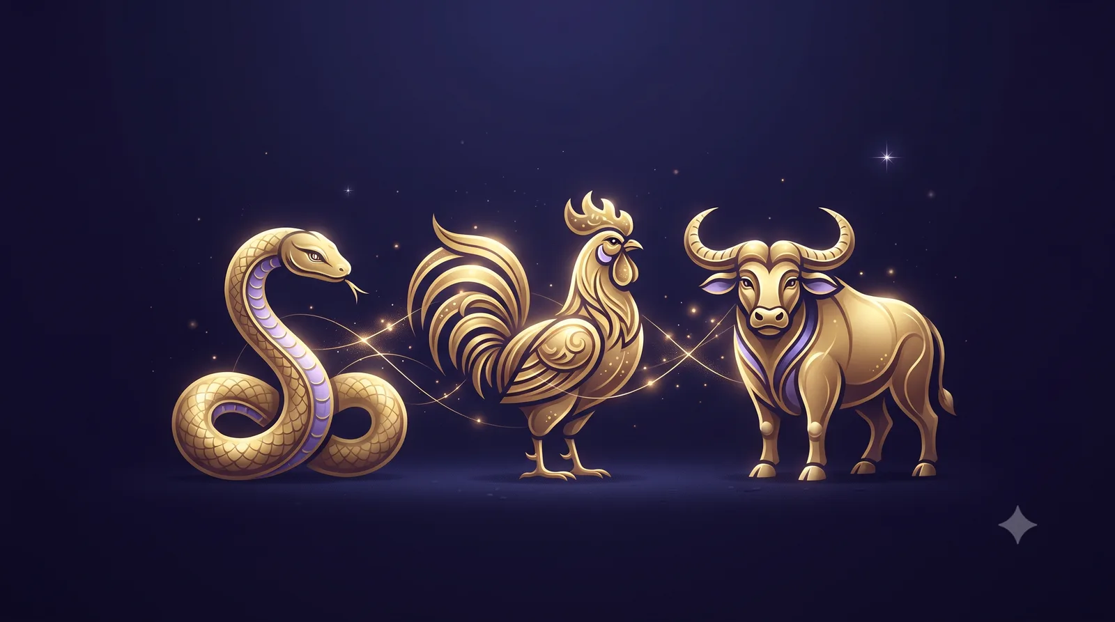 Ba linh vật Rắn, Gà và Trâu cách điệu mạ vàng kết nối bằng ánh sáng vàng kim trên nền tối giản tượng trưng tam hợp Tỵ Dậu Sửu trong tử vi