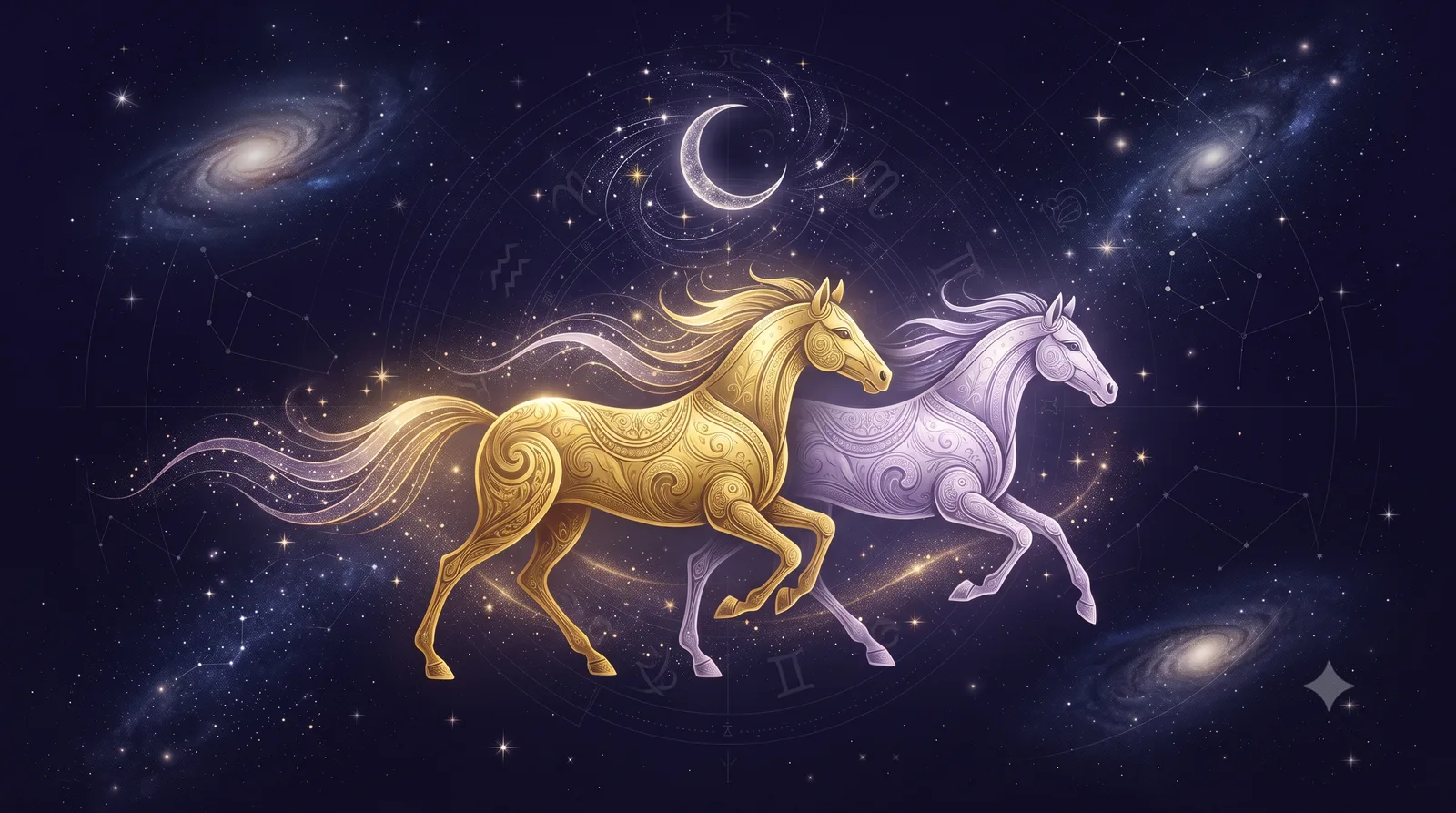 Hai bóng ngựa vàng và tím phi song hành dưới trăng lưỡi liềm giữa trời sao, tượng trưng tình duyên của tuổi Ngọ