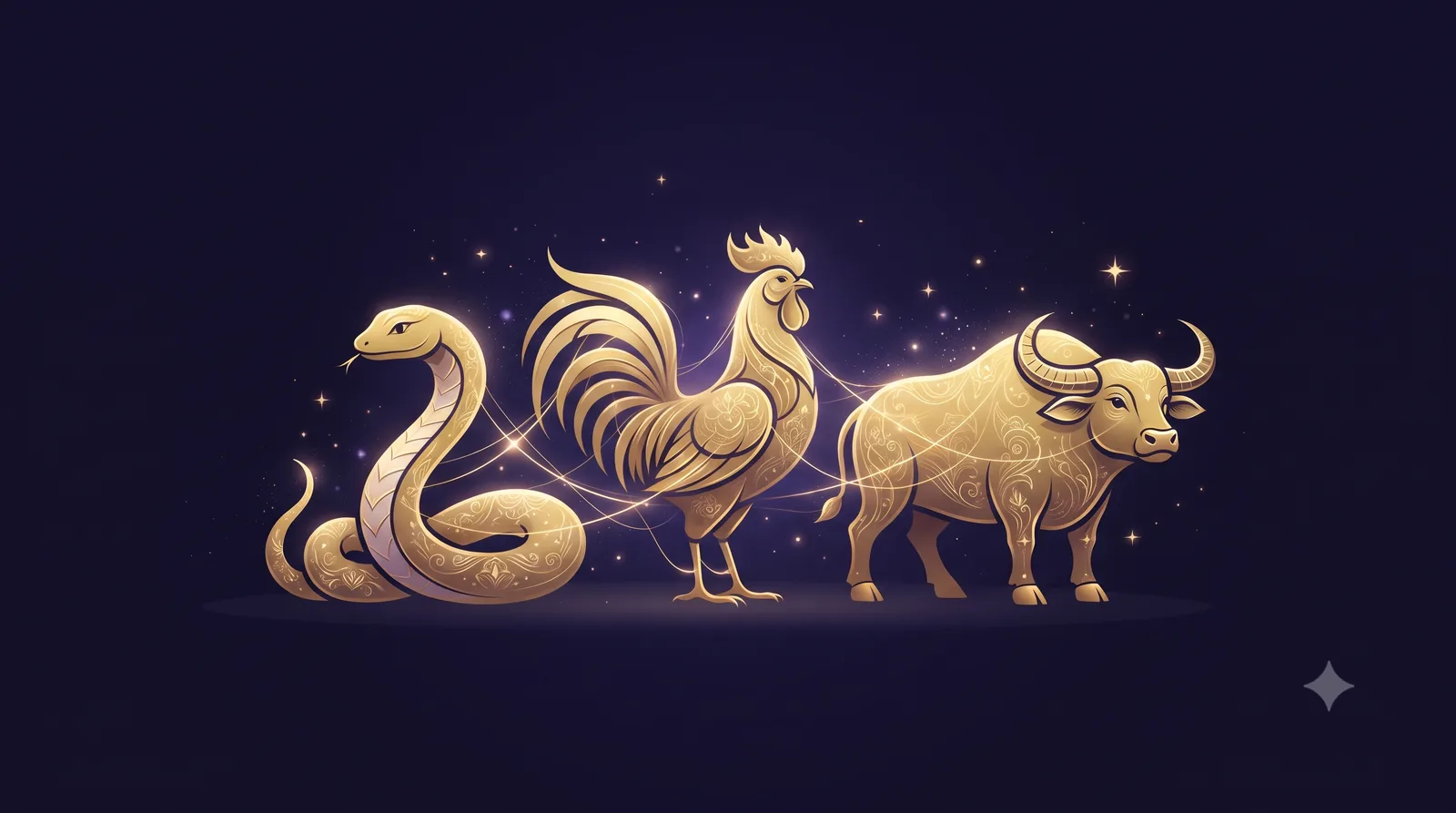 Ba linh vật Rắn, Gà và Trâu cách điệu mạ vàng kết nối bằng ánh sáng vàng kim trên nền tối giản tượng trưng tam hợp Tỵ Dậu Sửu trong tử vi