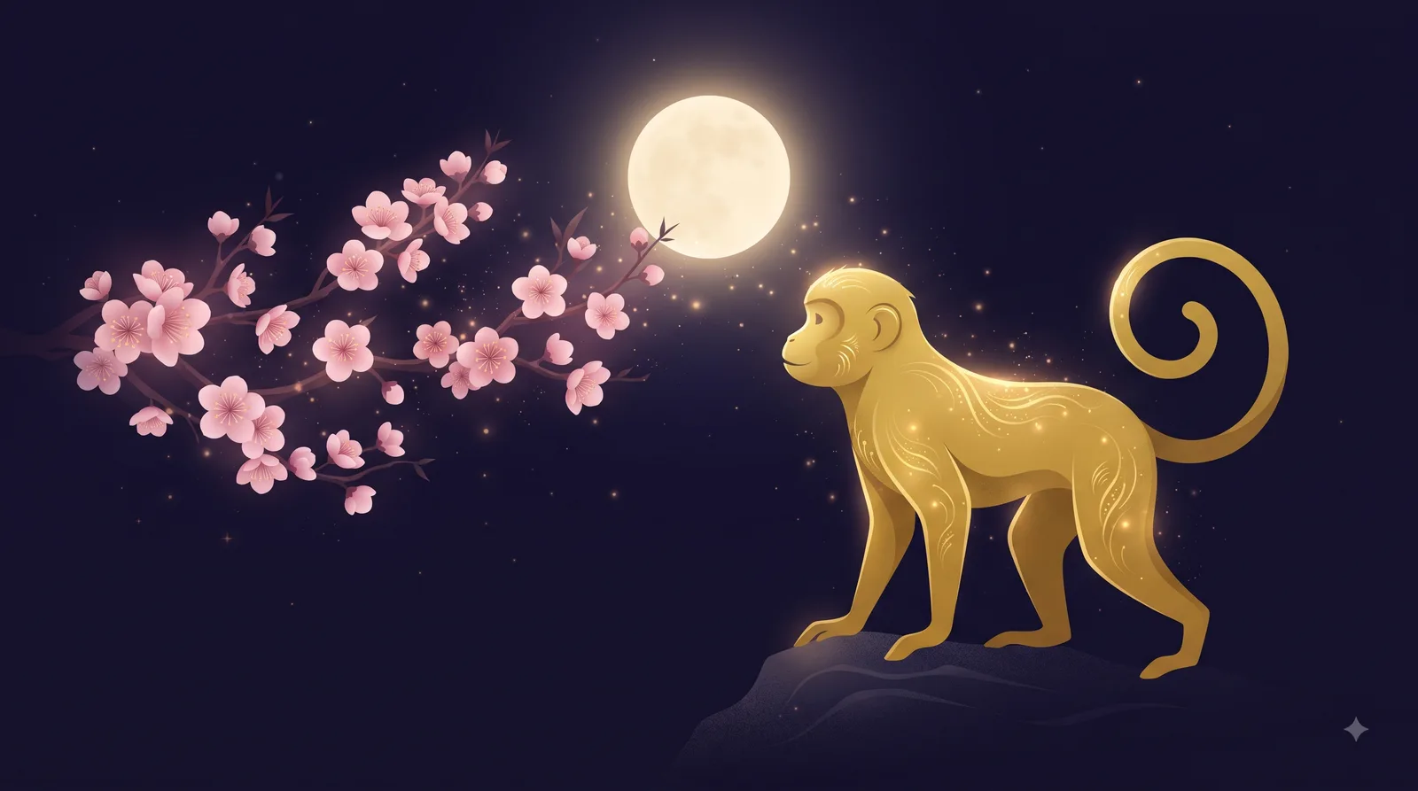 Khỉ vàng cách điệu đứng cạnh nhành đào hồng nở rộ dưới ánh trăng, biểu tượng tình duyên của tuổi Bính Thân Nam Mạng