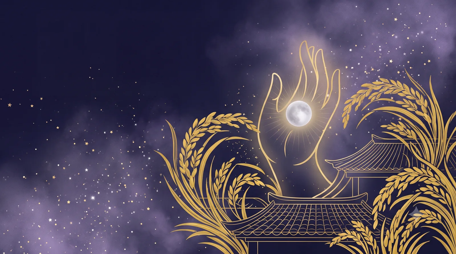 Bàn tay cách điệu nâng niu vầng trăng bạc giữa bông lúa vàng kim, tượng trưng phú quý và điền trạch của sao Thái Âm