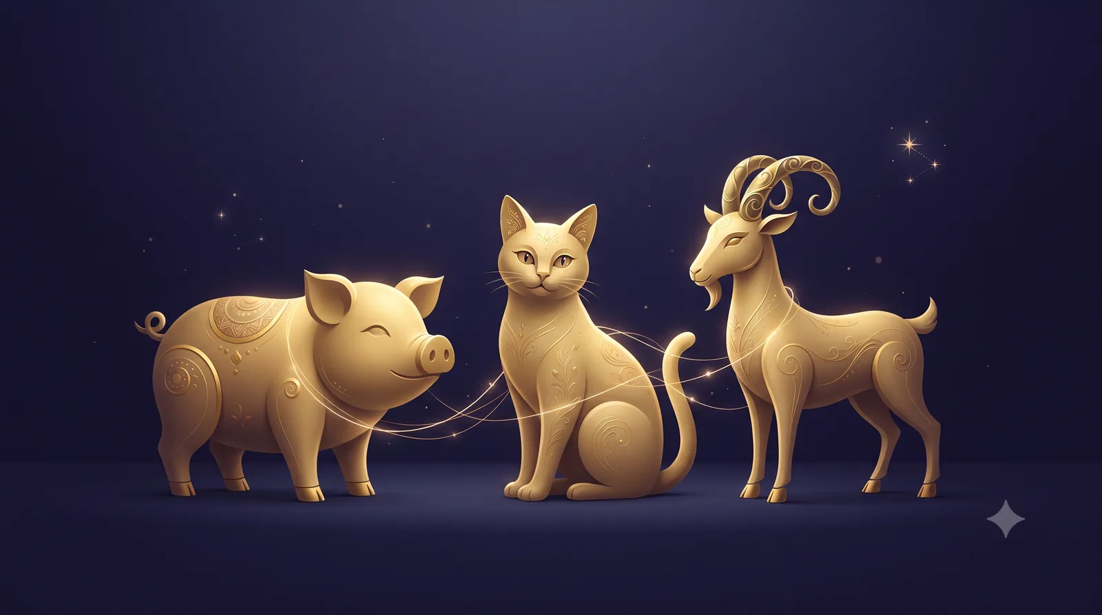 Ba linh vật Heo, Mèo và Dê cách điệu mạ vàng kết nối bằng ánh sáng vàng kim trên nền tối giản tượng trưng tam hợp Hợi Mão Mùi trong tử vi