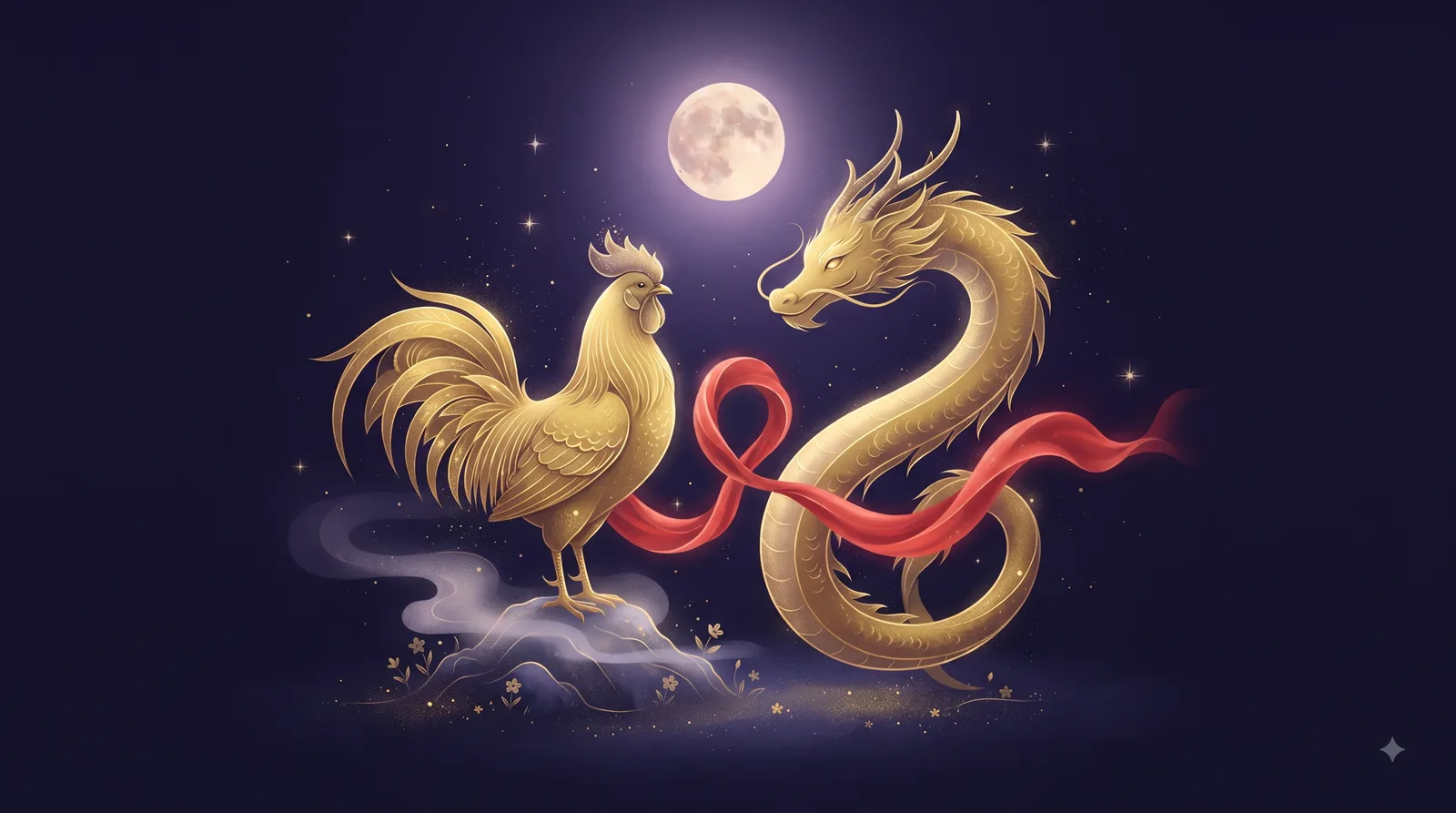Gà mái vàng và Rồng vàng đứng gần nhau dưới ánh trăng cùng dải lụa đỏ, tượng trưng lục hợp Dậu - Thìn trong tình duyên tuổi Ất Dậu Nữ Mạng