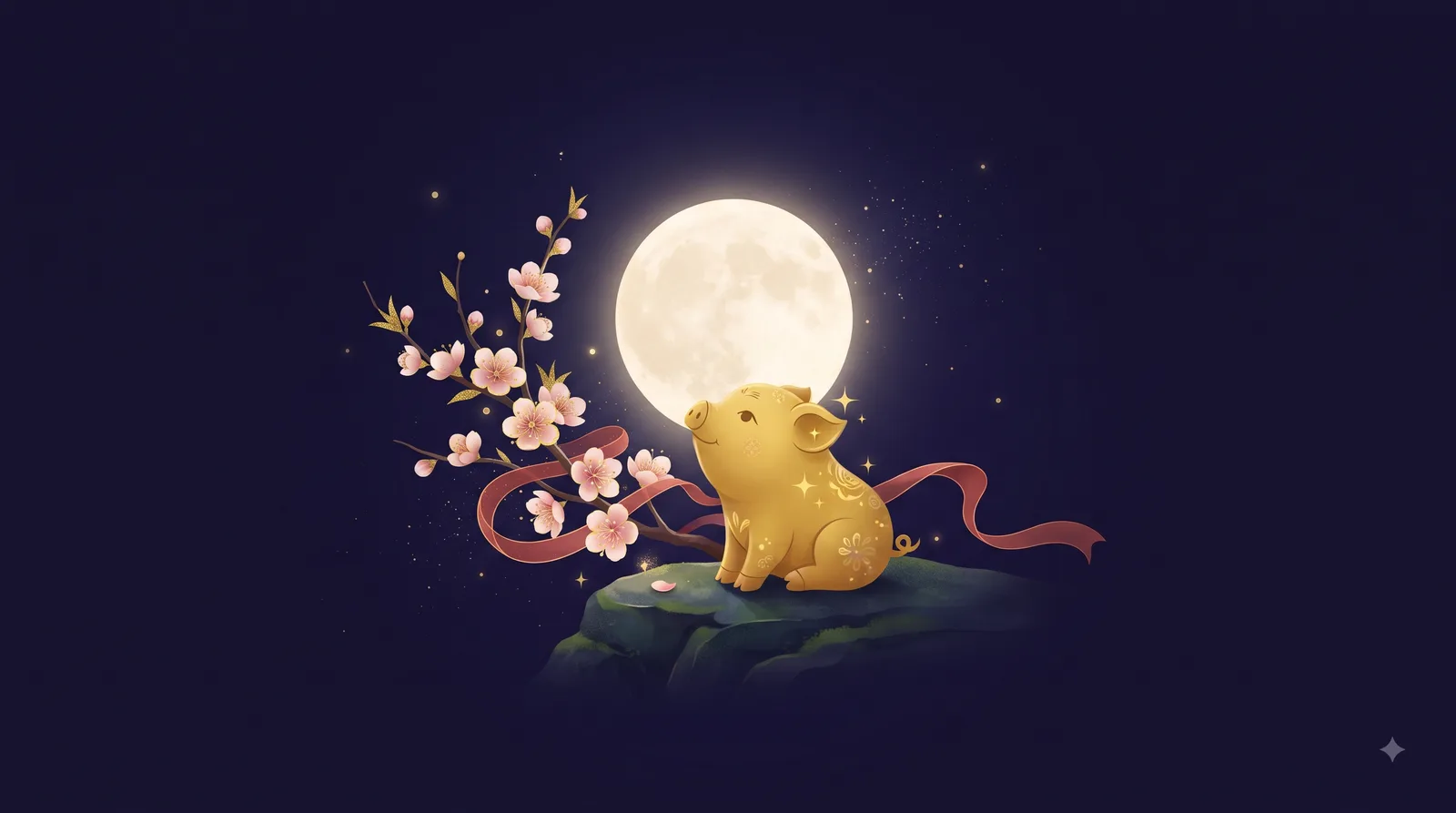 Heo vàng nhỏ nhắn ngồi dưới ánh trăng bên nhành hoa đào và dải lụa đỏ, biểu tượng tình duyên chân thành của tuổi Kỷ Hợi Nam Mạng