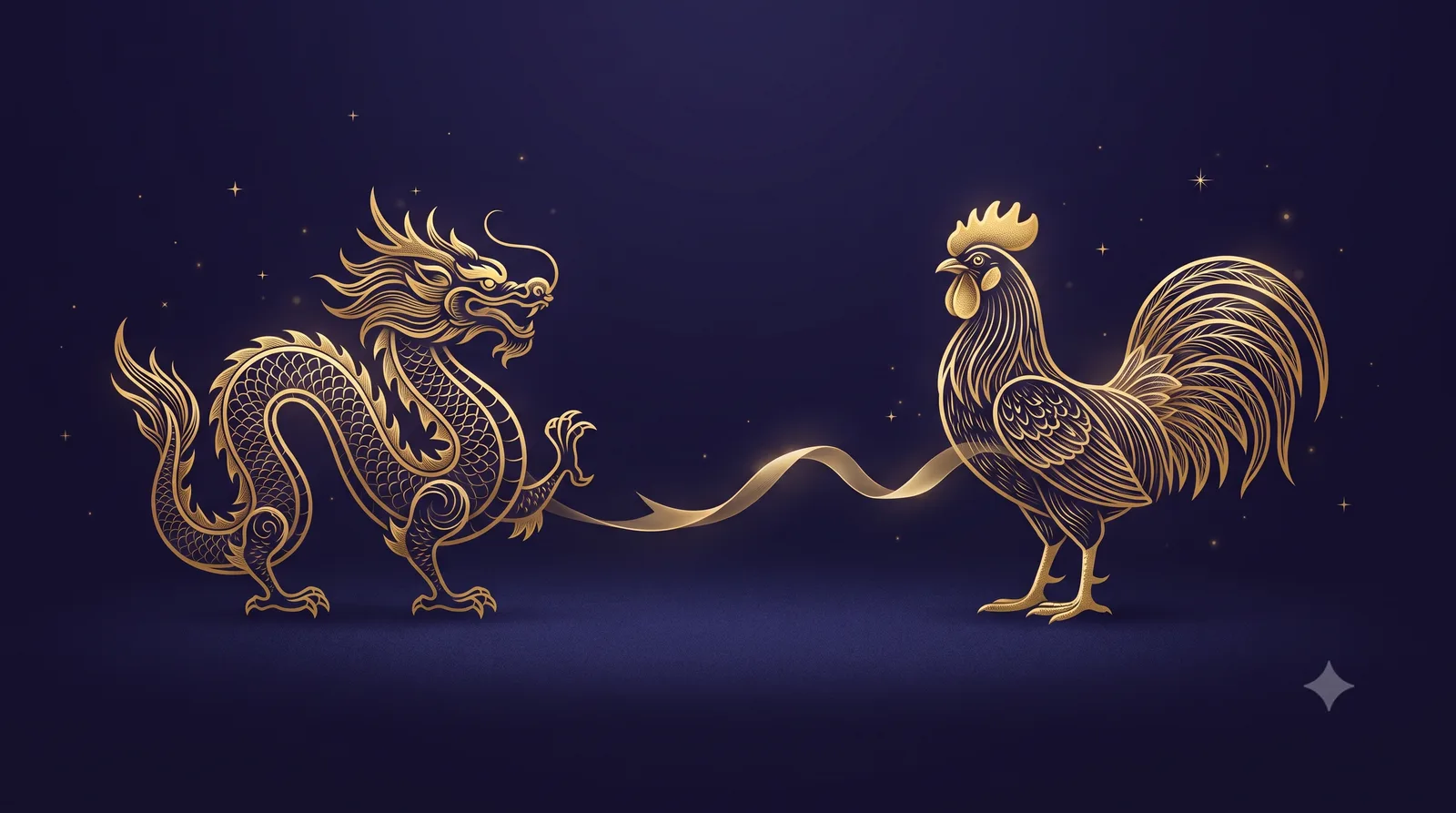 Hai linh vật Rồng và Gà cách điệu đứng tách rời trên nền chàm gần như trơn với vài đốm sao rải rác, dải lụa vàng nối giữa, tượng trưng lục hợp Thìn Dậu trong tử vi