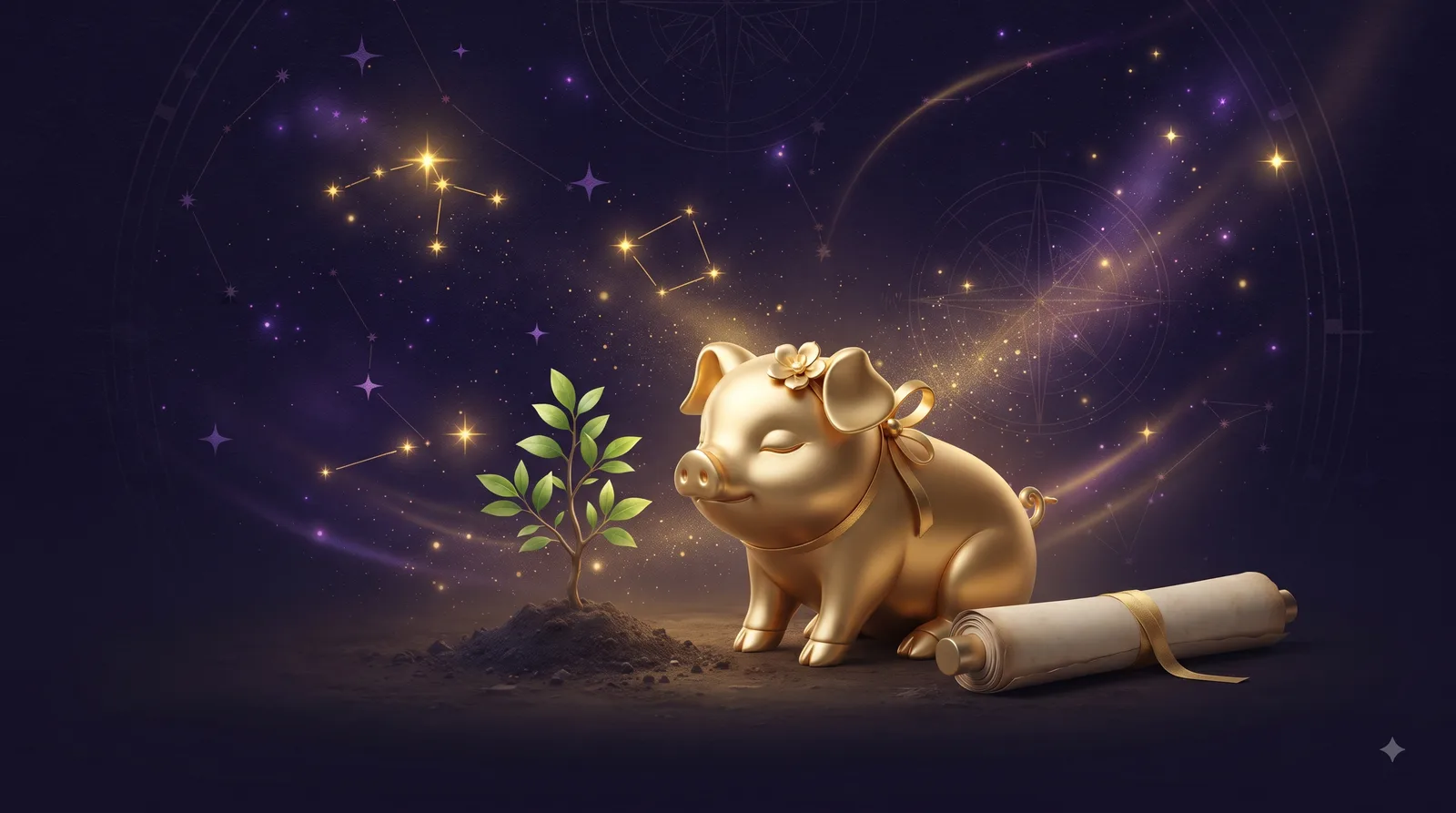Heo vàng nhỏ nhắn ngồi cạnh cây non mọc trên đất bằng và cuộn thư cổ, biểu tượng sự nghiệp tỉ mỉ, bền bỉ của tuổi Kỷ Hợi Nữ Mạng