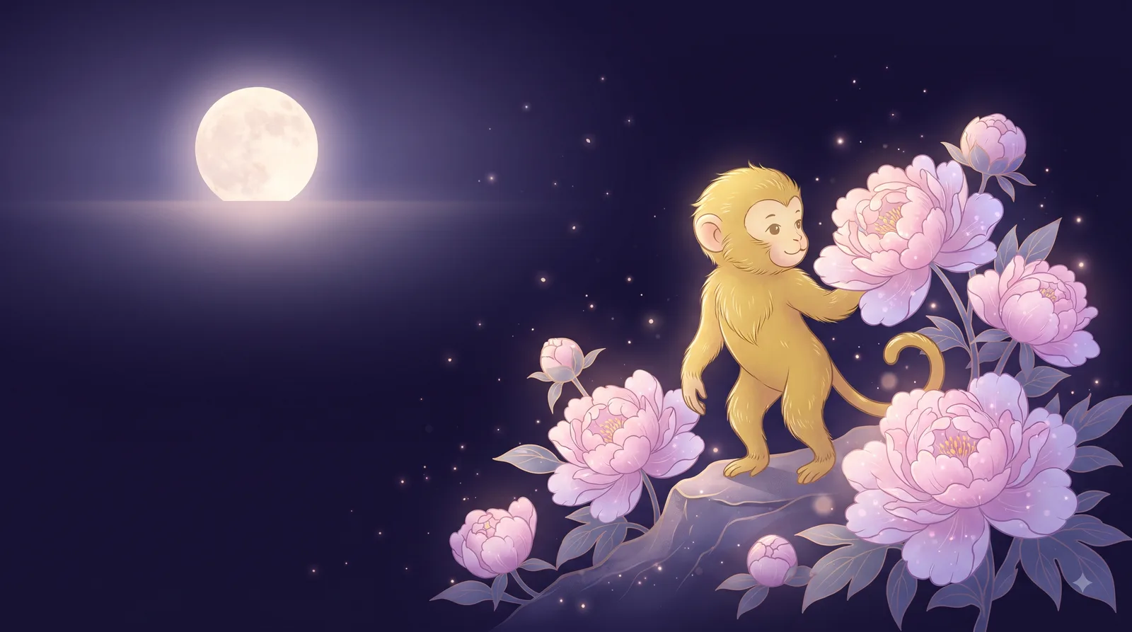 Khỉ vàng nhỏ nhắn đứng cạnh nhành hoa mẫu đơn hồng nở rộ dưới ánh trăng, biểu tượng tình duyên của tuổi Bính Thân Nữ Mạng