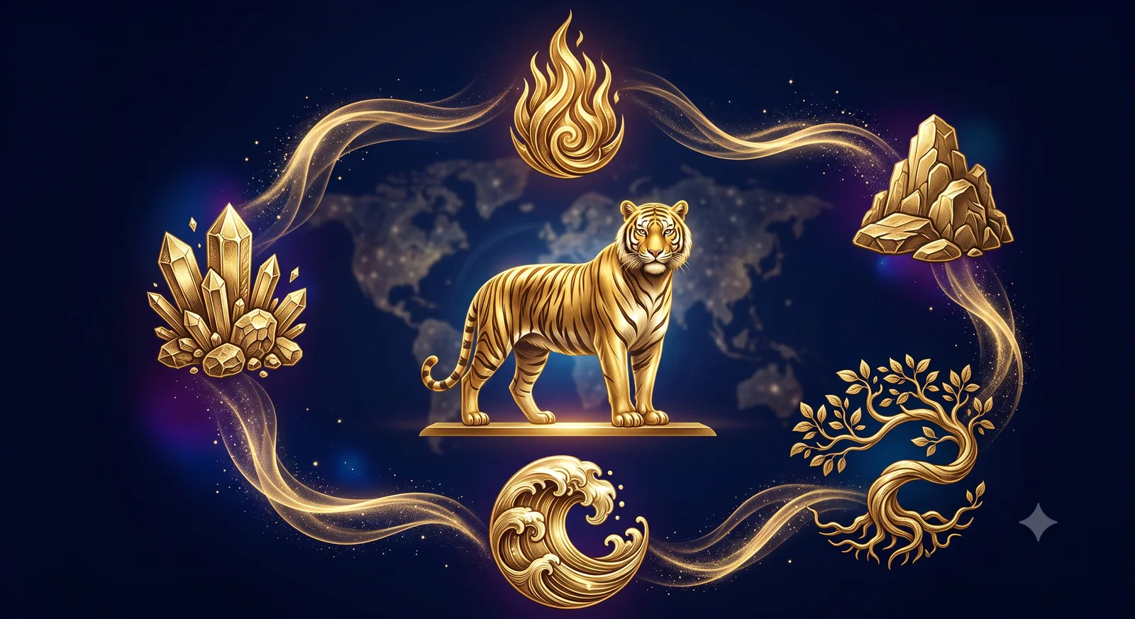 Linh vật Hổ mạ vàng đứng giữa năm biểu tượng ngũ hành Kim Thủy Hỏa Thổ Mộc, tượng trưng 5 mệnh nạp âm của tuổi Dần