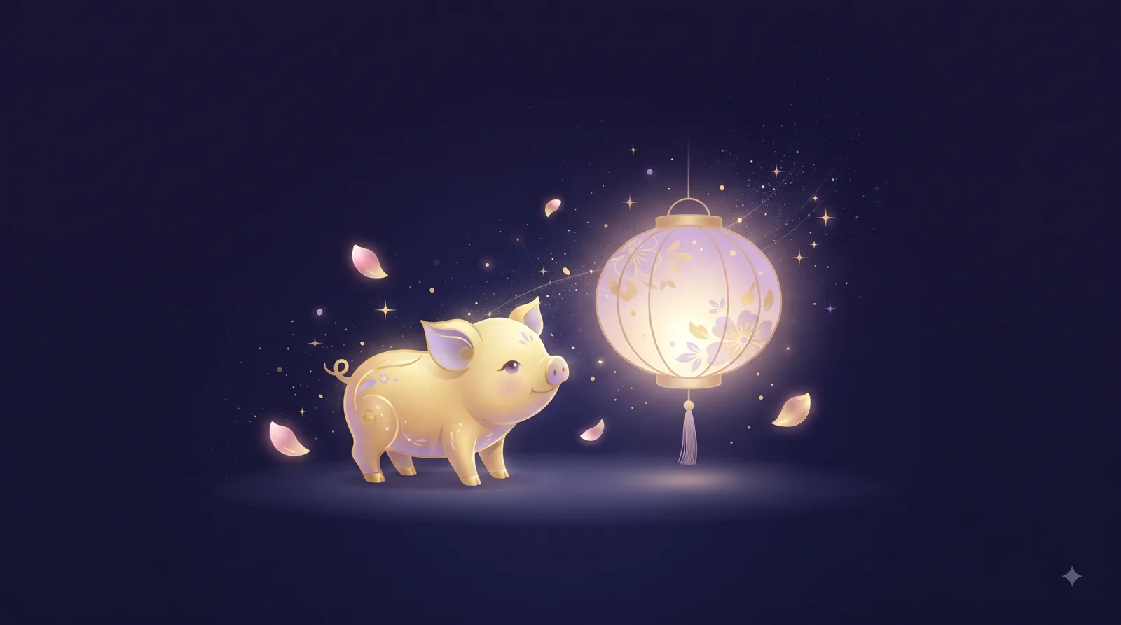 Heo vàng nhỏ nhắn đứng cạnh đèn lồng tròn phát sáng dịu nhẹ và cánh hoa rơi, biểu tượng tình duyên chân thành, ấm áp của tuổi Kỷ Hợi Nữ Mạng