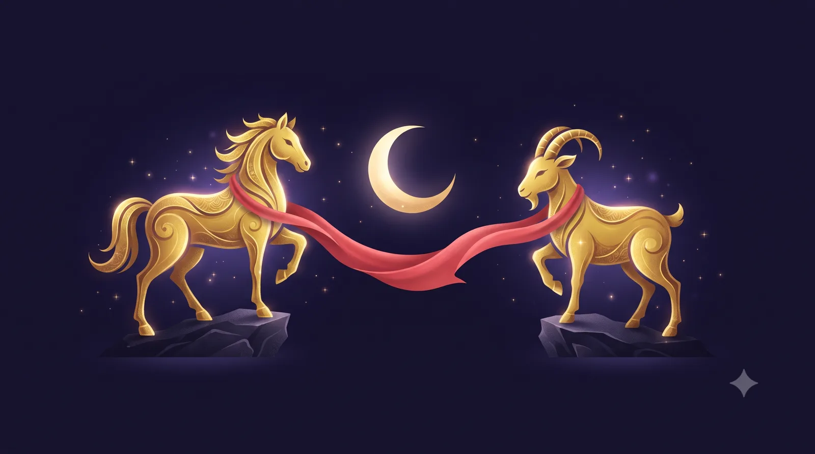 Ngựa vàng và Dê vàng đứng tách rời dưới ánh trăng cùng dải lụa đỏ, tượng trưng lục hợp Ngọ - Mùi hài hòa trong tình duyên