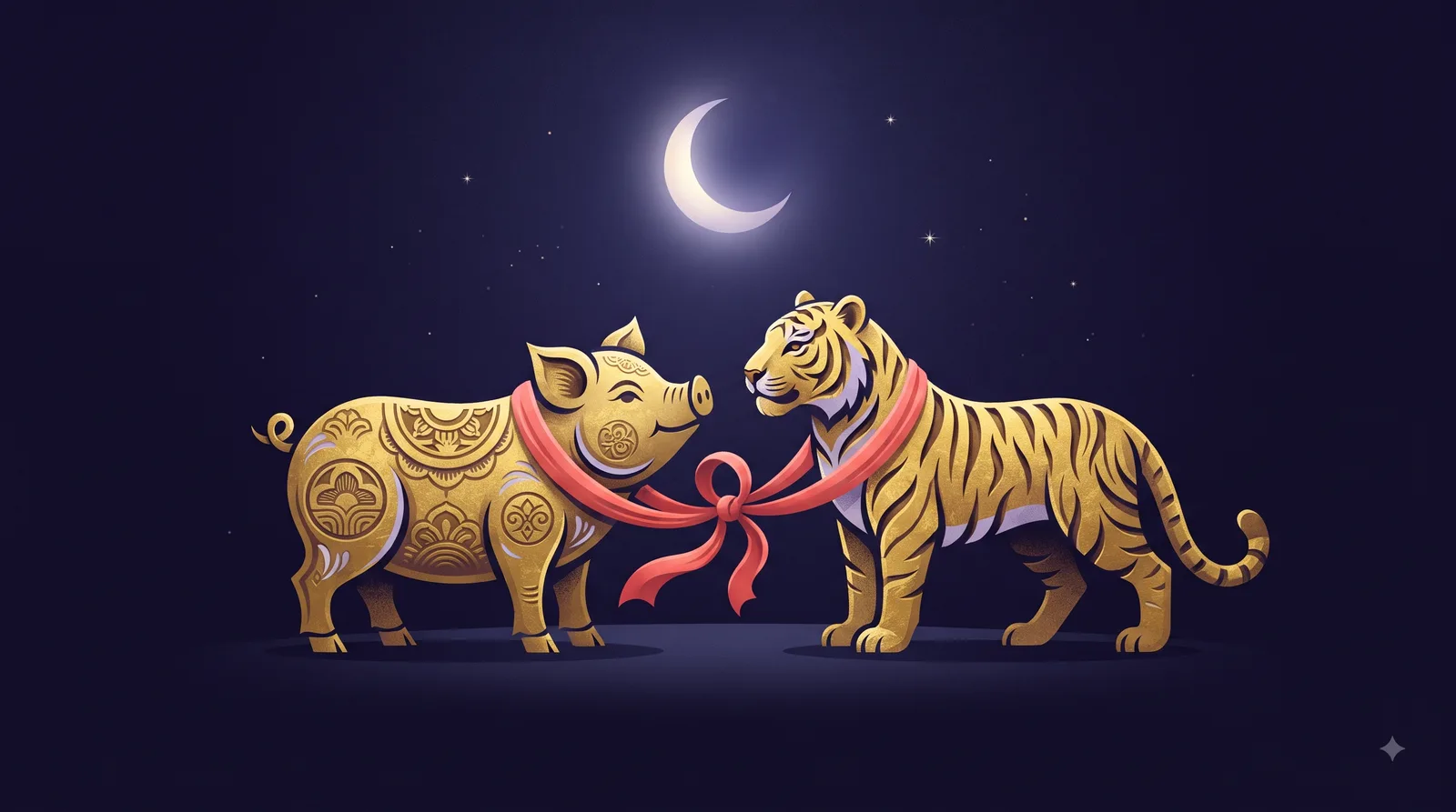 Heo vàng và Hổ vàng đứng gần nhau dưới ánh trăng cùng dải lụa đỏ, tượng trưng lục hợp Hợi - Dần trong tình duyên tuổi Đinh Hợi Nam Mạng