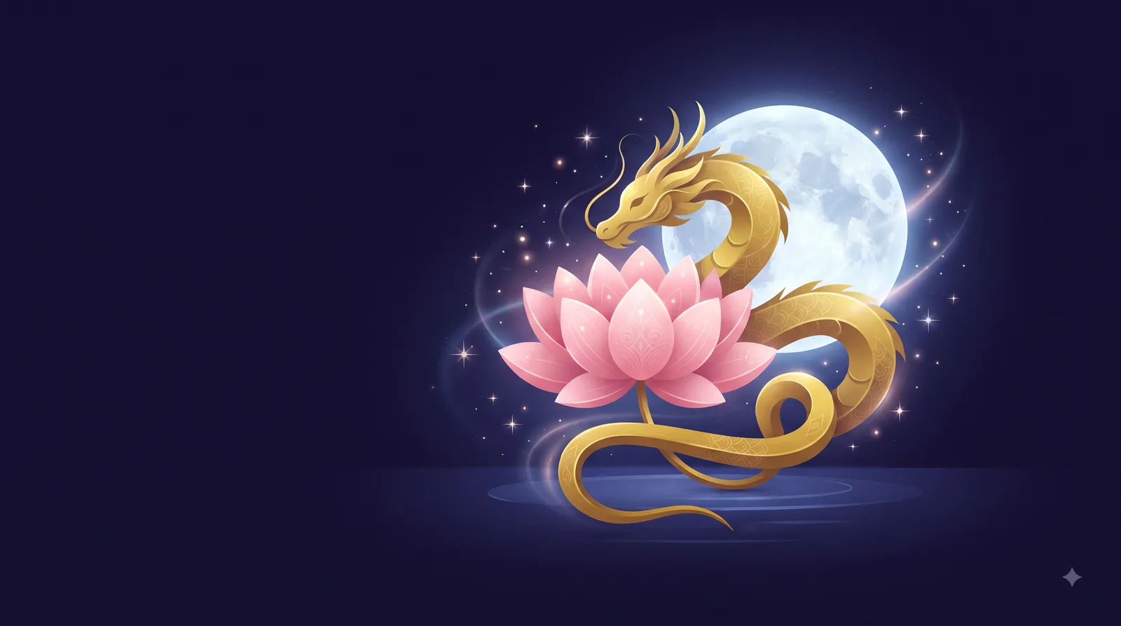 Rồng vàng cách điệu quấn nhẹ quanh đóa sen hồng bên vầng trăng tròn, biểu tượng tình duyên của tuổi Nhâm Thìn Nữ Mạng