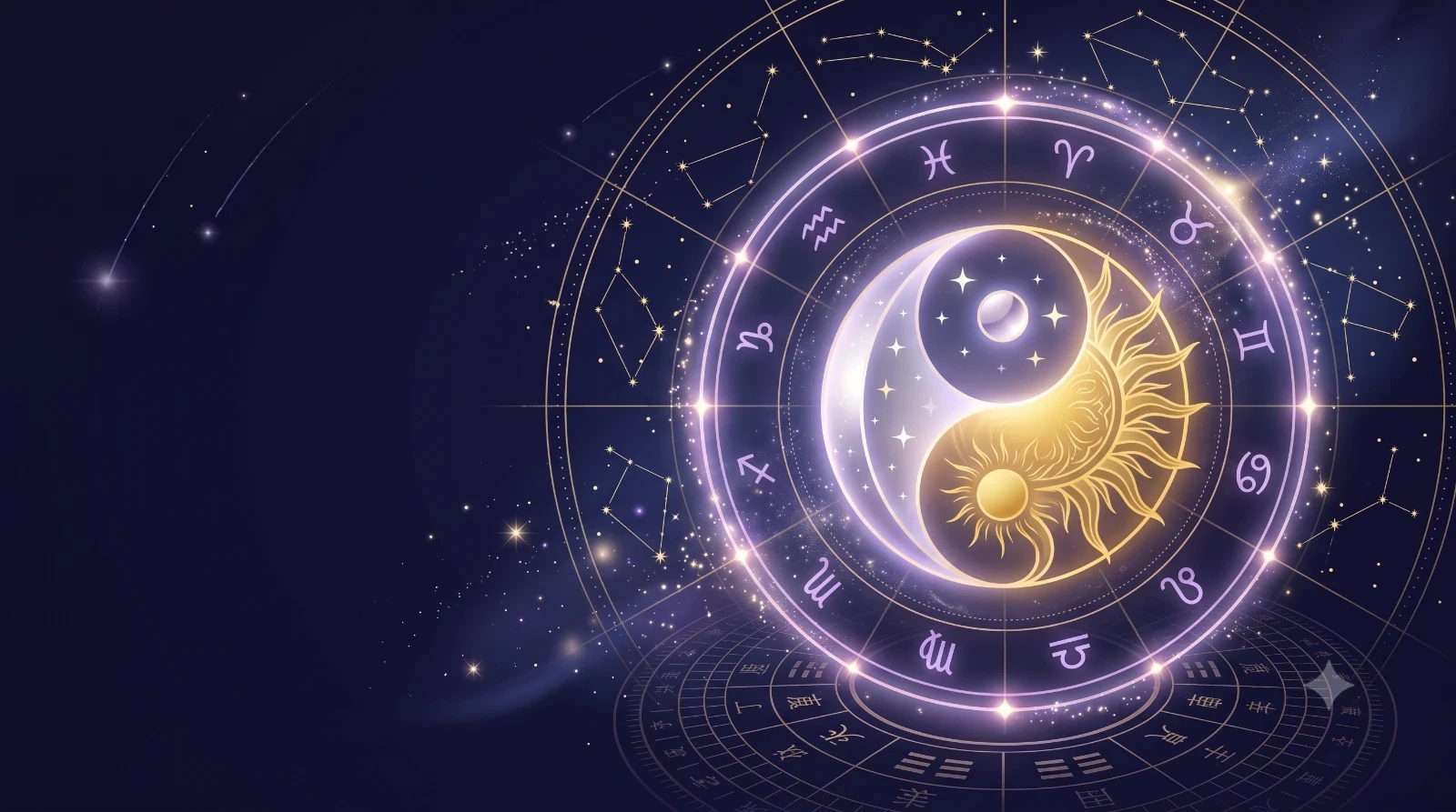 Biểu tượng âm dương thái cực cách điệu phát sáng, một nửa bạc một nửa vàng kim, giữa vòng tròn hoàng đạo huyền ảo