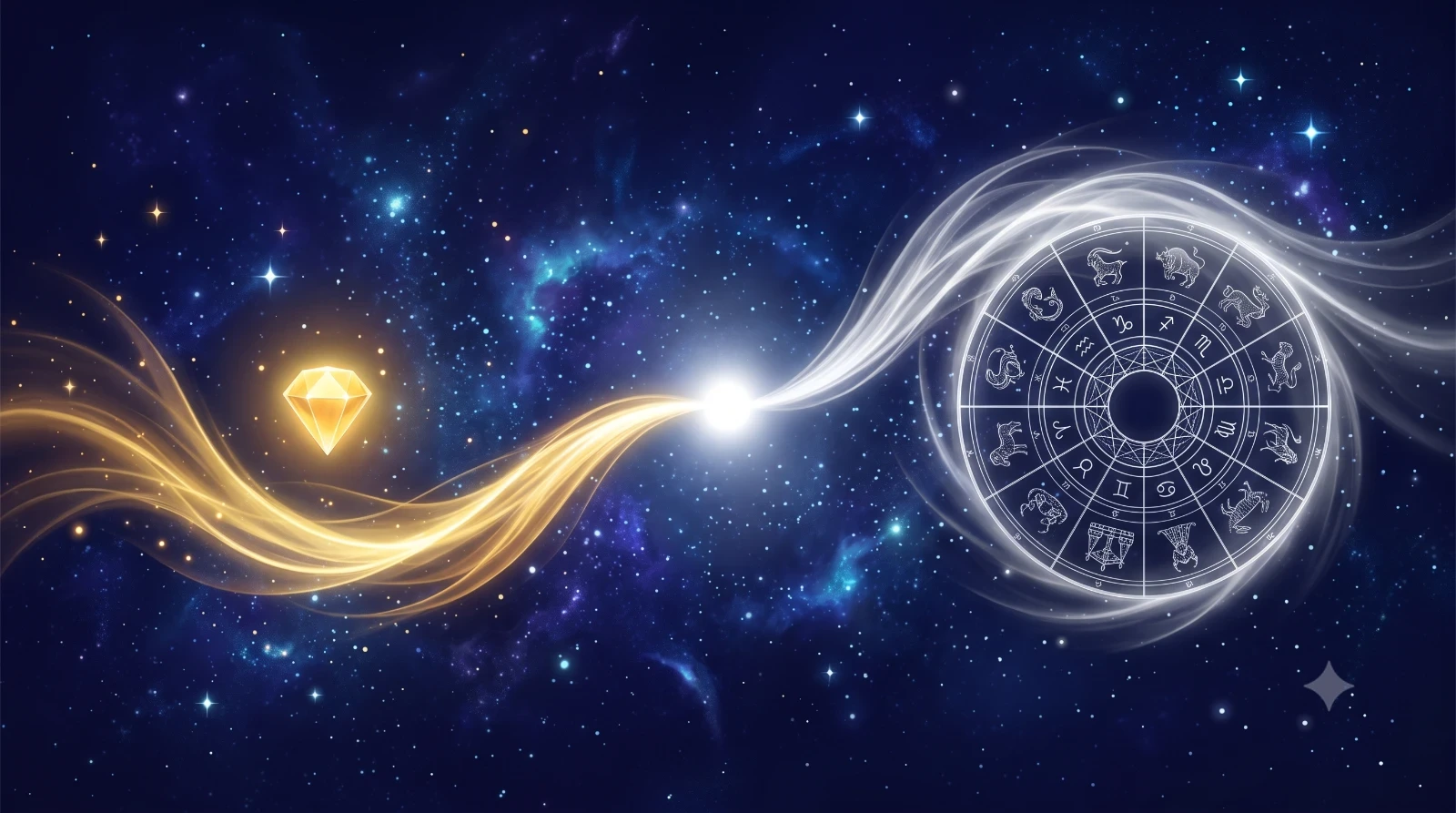 Hai nhanh anh sang tach ra tu cung mot diem, mot nhanh mau vang kim dan toi mot vien ngoc don gian, mot nhanh mau bac dan toi mot vong tron 12 cung phuc tap hon, tuong trung cho hai huong tinh toan khac nhau