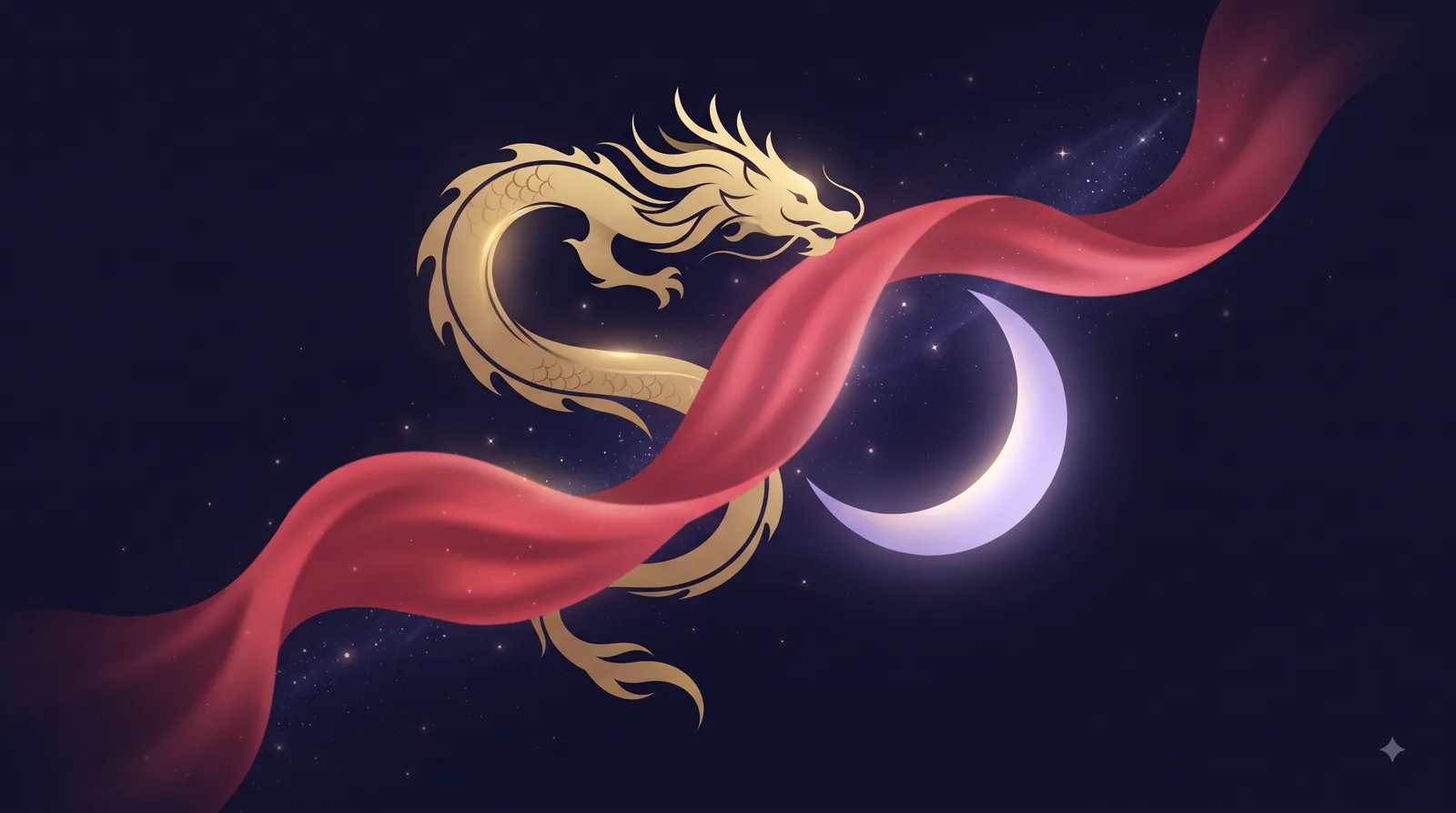 Rồng vàng cách điệu quấn nhẹ quanh dải lụa đỏ bên vầng trăng lưỡi liềm, biểu tượng tình duyên của tuổi Nhâm Thìn Nam Mạng