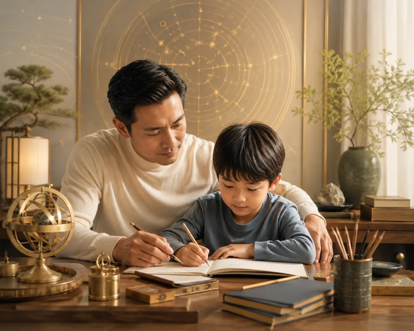 Cha mẹ cùng con ngồi bên bàn học dưới ánh sáng vàng, minh họa việc nuôi dạy và di sản gia đình khi cung Tử Tức vô chính diệu
