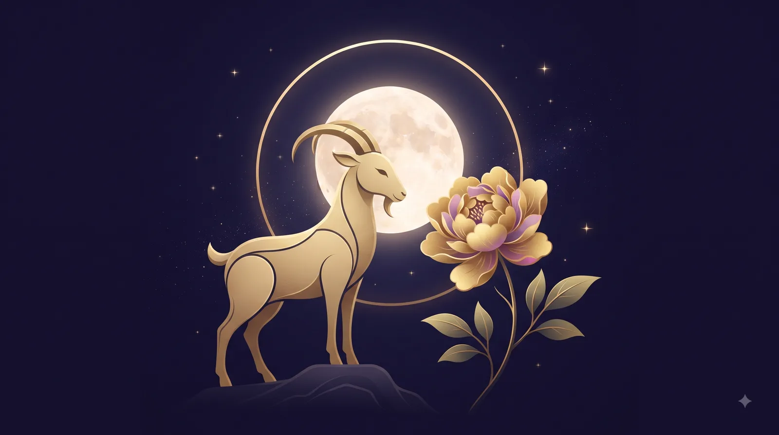 Dê vàng cách điệu đứng cạnh đóa hoa mẫu đơn nở rộ dưới ánh trăng tròn, biểu tượng tình duyên của tuổi Ất Mùi Nữ Mạng
