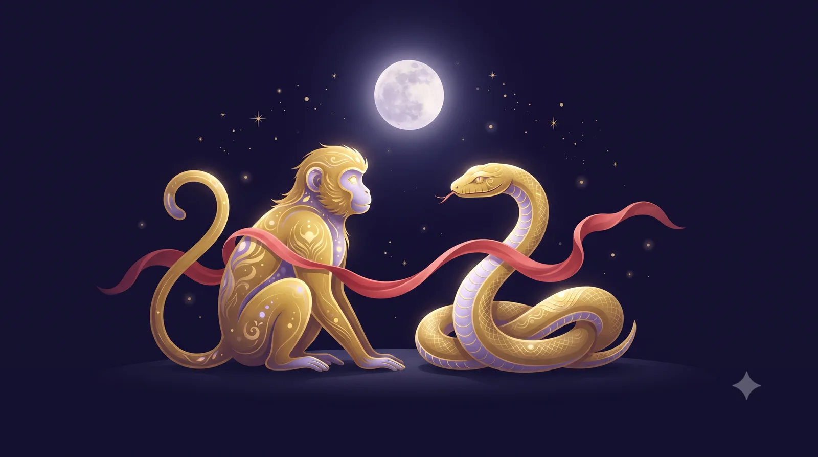 Khỉ vàng và Rắn vàng đứng gần nhau dưới ánh trăng cùng dải lụa đỏ, tượng trưng lục hợp Thân - Tỵ trong tình duyên tuổi Giáp Thân