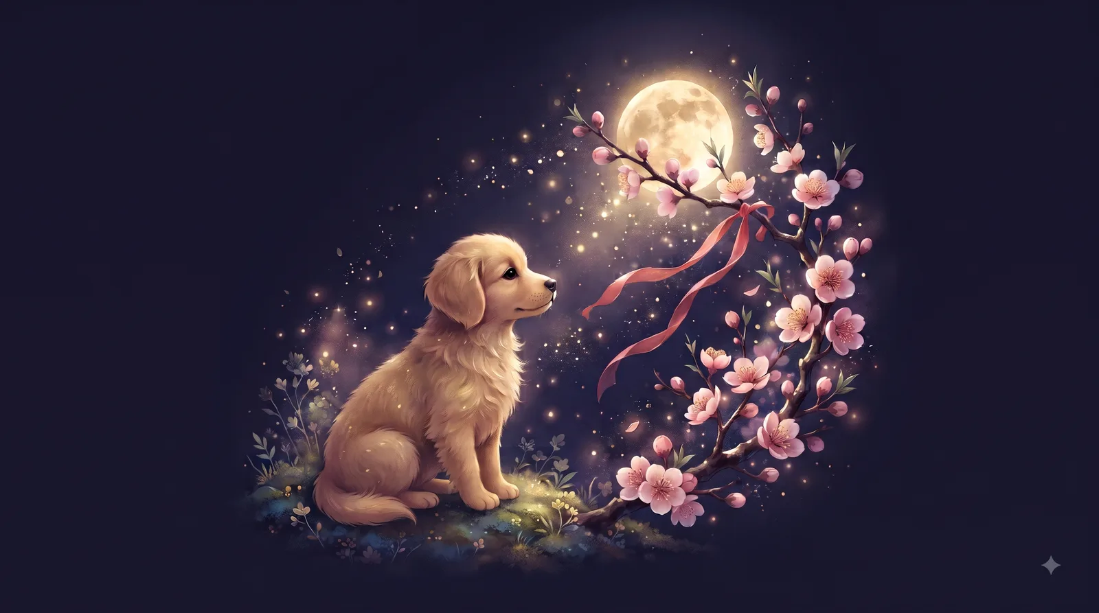 Chó vàng nhỏ nhắn ngồi dưới ánh trăng bên cạnh nhành hoa đào, dải lụa đỏ bay nhẹ, biểu tượng tình duyên chân thành của tuổi Mậu Tuất Nữ Mạng