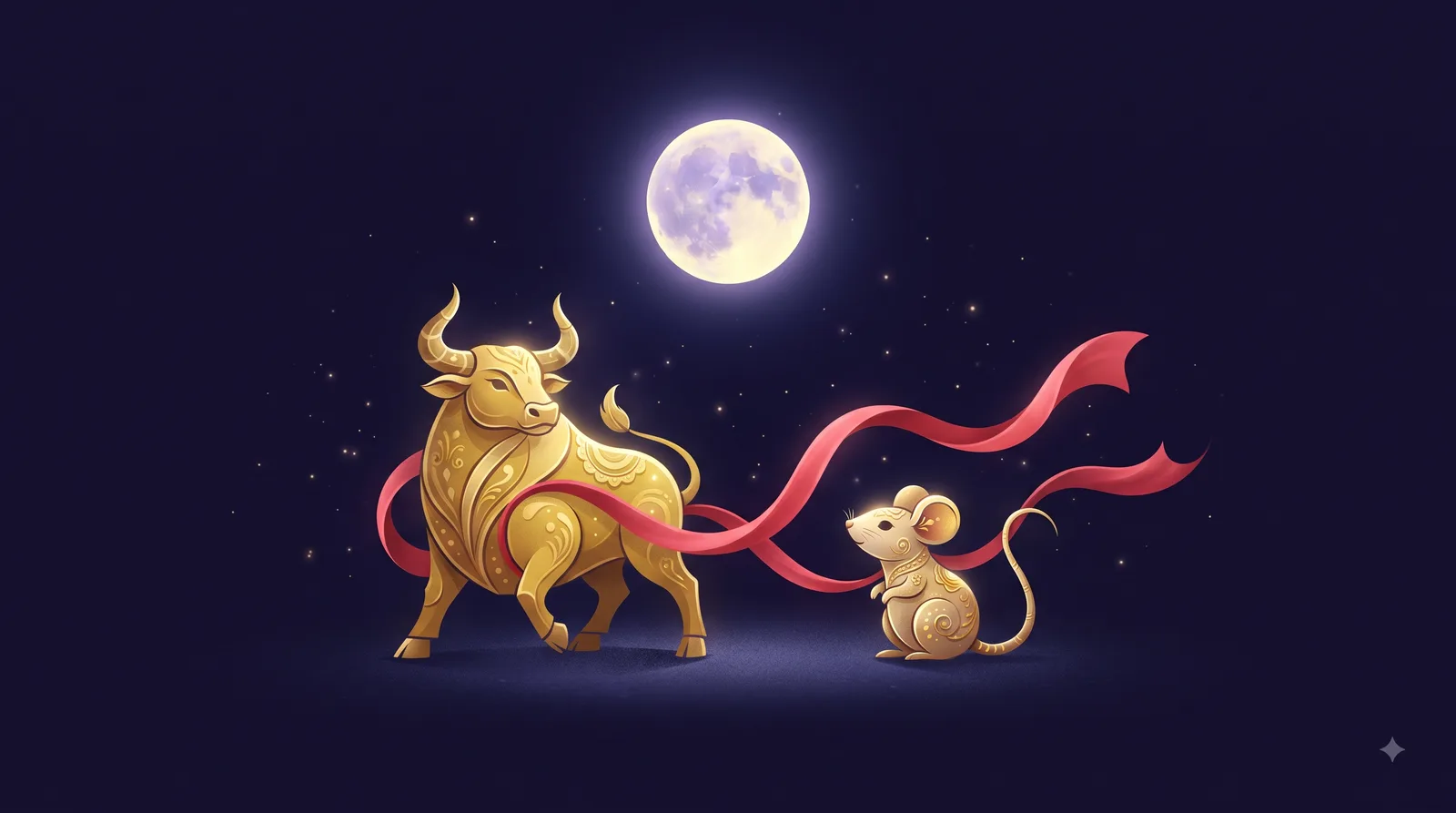 Trâu vàng và Chuột vàng đứng cạnh nhau dưới ánh trăng tròn cùng dải lụa đỏ, tượng trưng lục hợp Sửu - Tý trong tình duyên tuổi Tân Sửu