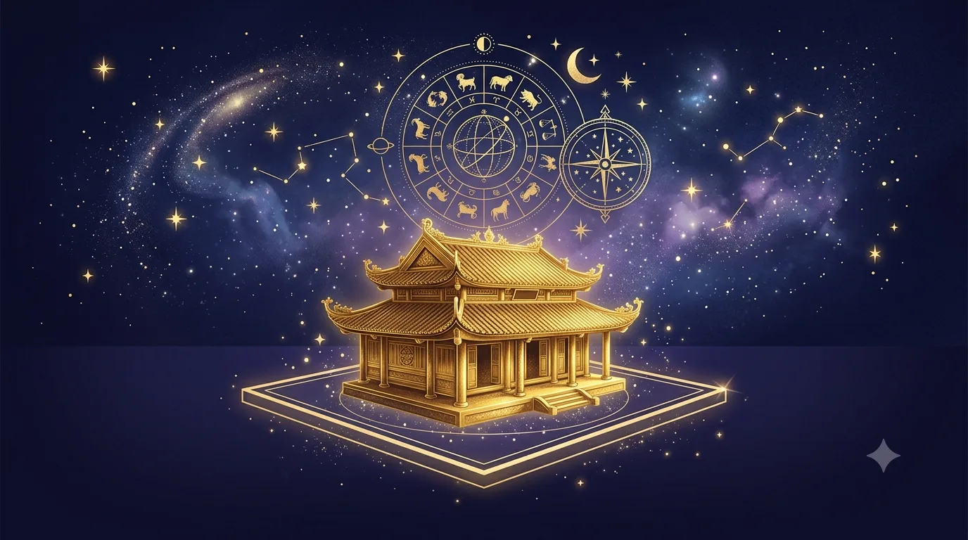 Ngôi nhà cổ kiểu Á Đông dát vàng kim tượng trưng cho cung Điền Trạch trong tử vi
