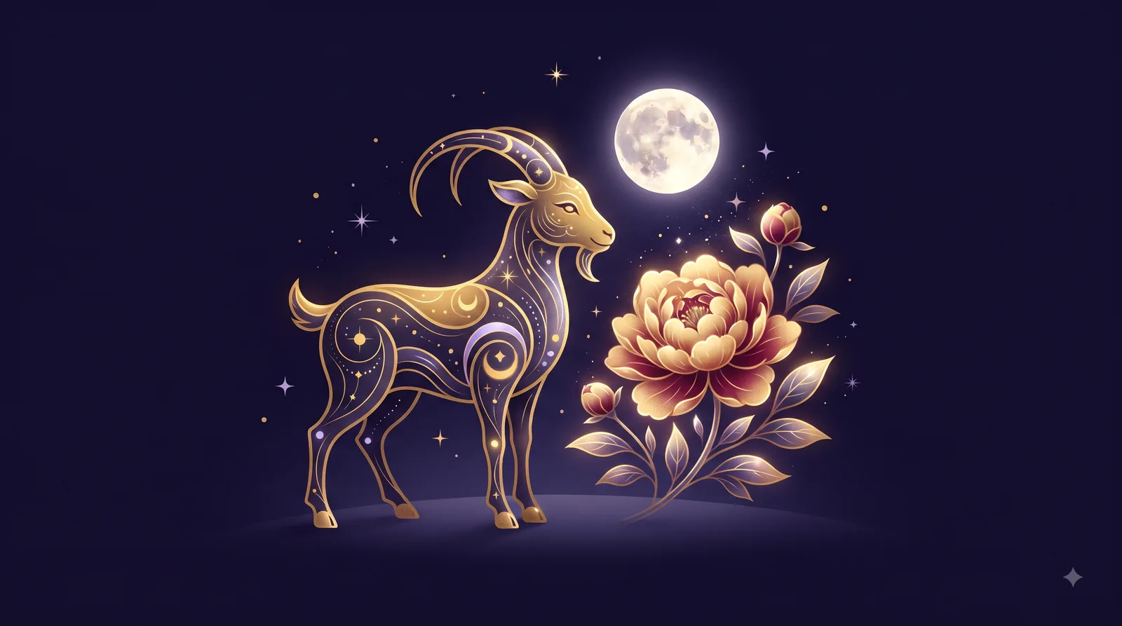 Dê vàng cách điệu đứng cạnh đóa hoa mẫu đơn nở rộ dưới ánh trăng tròn, biểu tượng tình duyên của tuổi Ất Mùi Nam Mạng