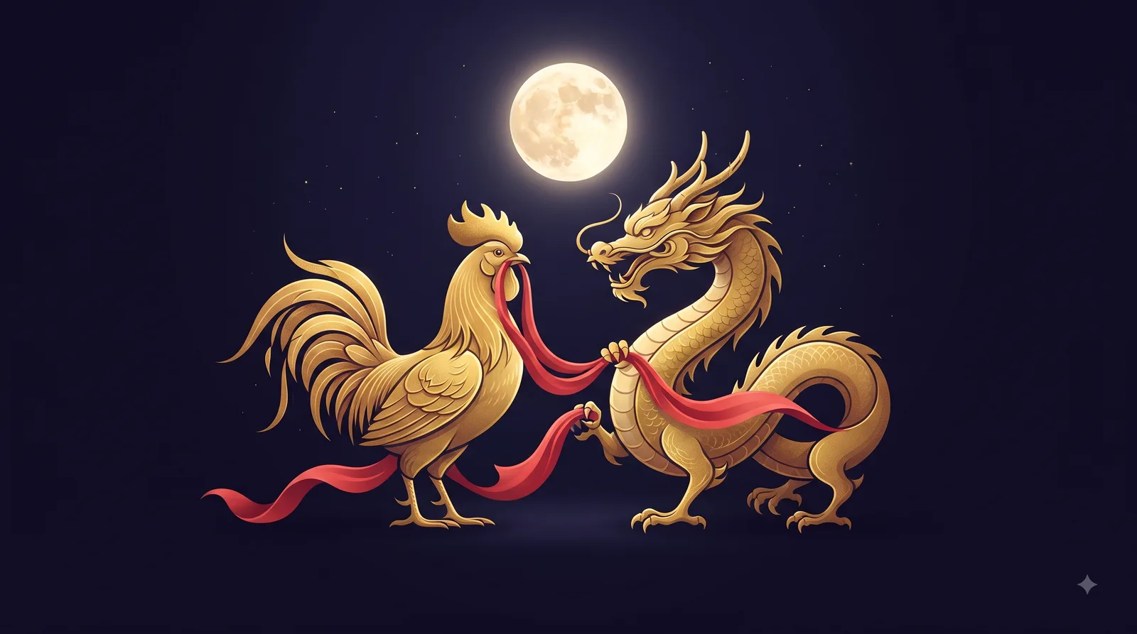 Gà vàng và Rồng vàng đứng gần nhau dưới ánh trăng cùng dải lụa đỏ, tượng trưng lục hợp Dậu - Thìn trong tình duyên tuổi Ất Dậu Nam Mạng